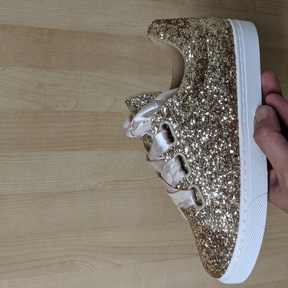Women wedding Robin ribbon lace up glitter sneakers shiny shoes gold
